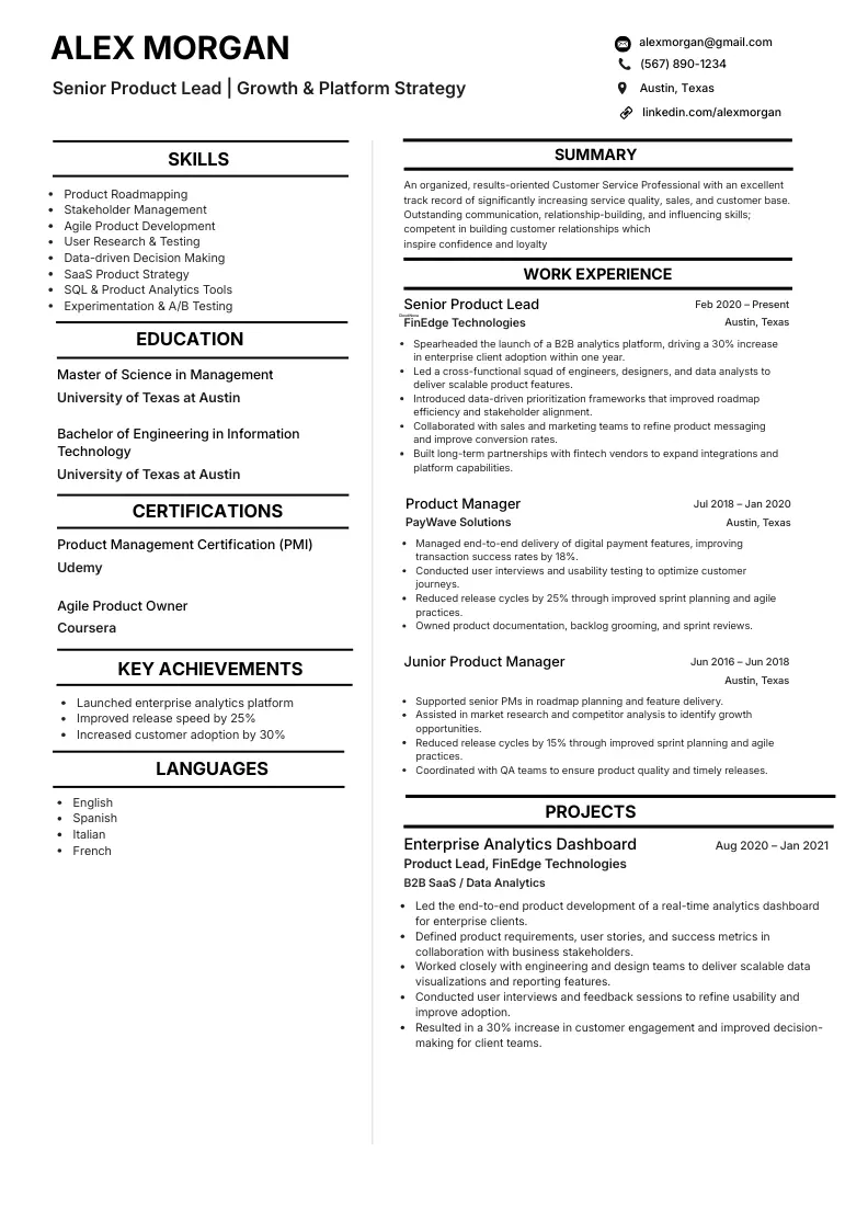 Software engineer ATS template preview with structured experience and keyword-rich skills sections.
